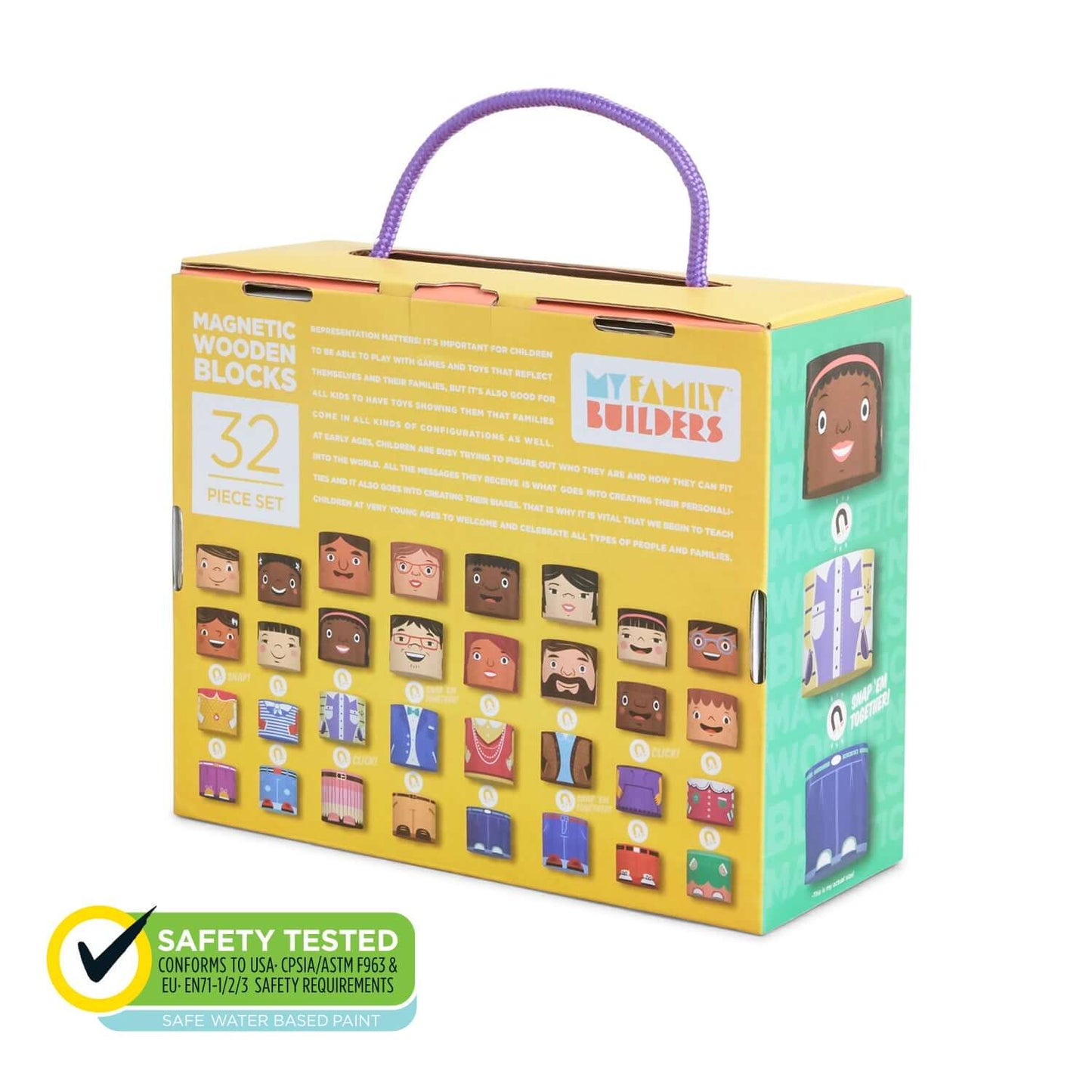 Eco-friendly packaging of the 32-Piece Family Play Set, featuring diverse family representation