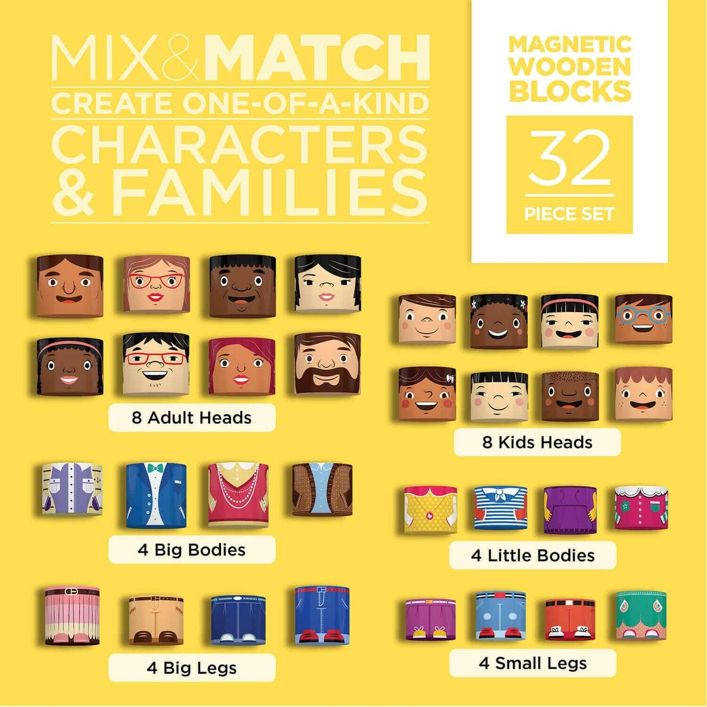 Close-up of wooden magnetic blocks showcasing mix-and-match diverse family characters