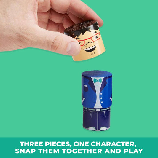 Hand holding a magnetic wooden head piece above a wooden body piece