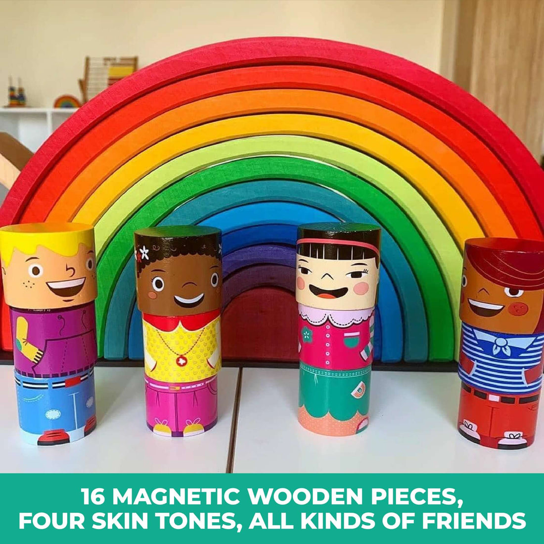 Magnetic wooden figures in four skin tones in front of a wooden rainbow stacker