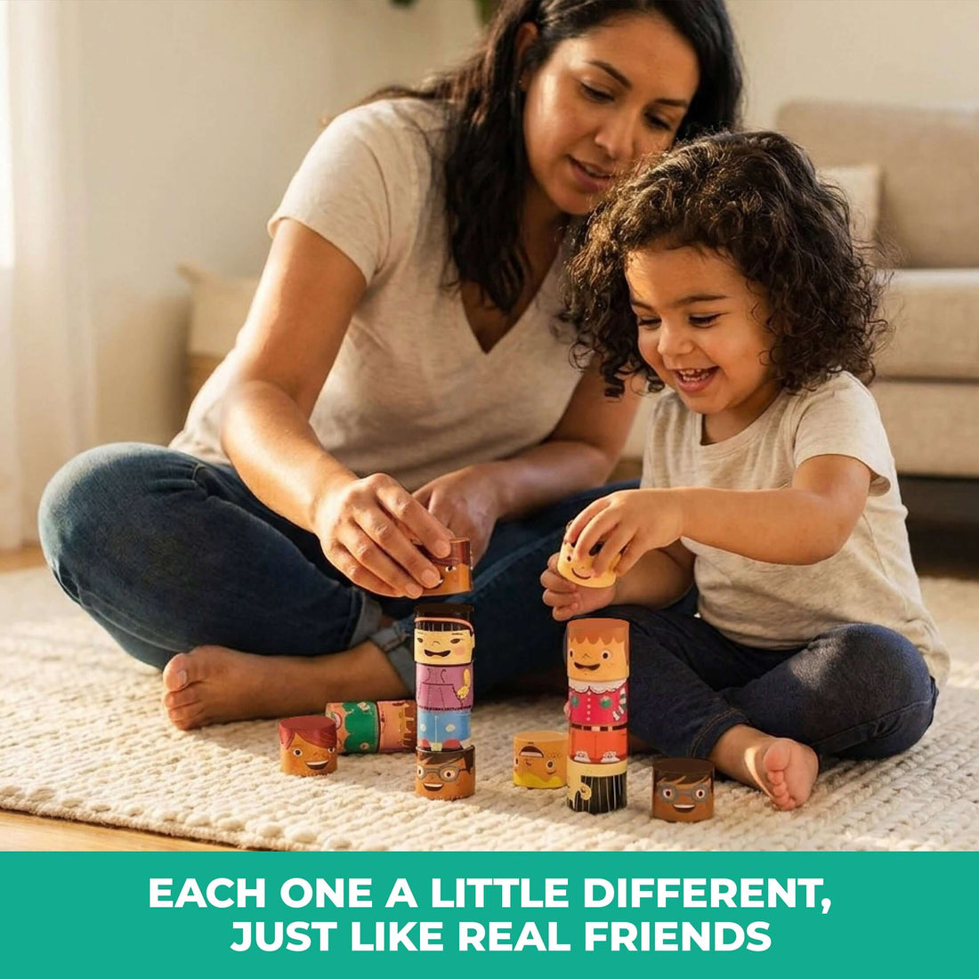 Parent and young child building magnetic wooden figures together on the floor