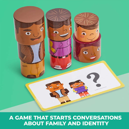 Magnetic wooden figures next to a family activity card