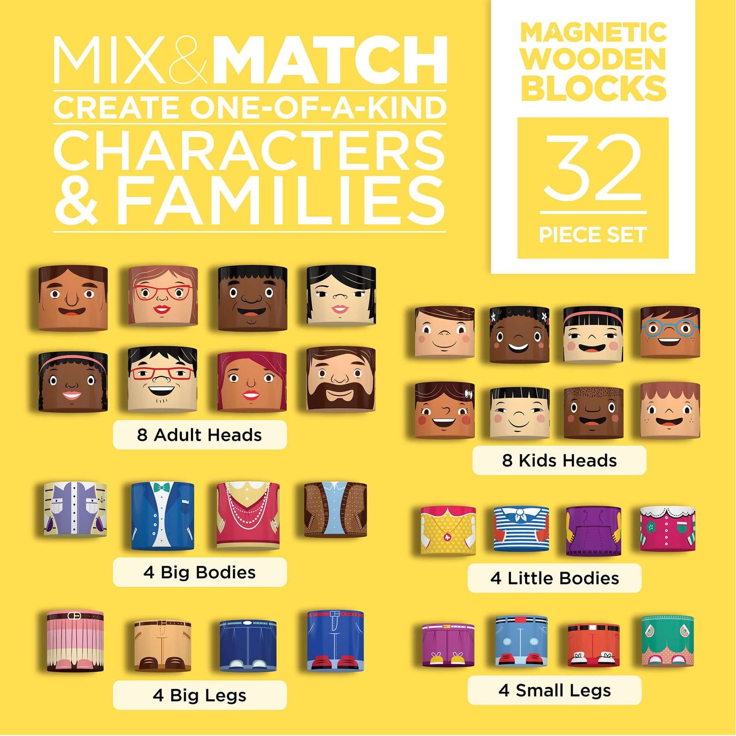 32-piece magnetic wooden block set breakdown, 8 adult heads, 8 kids heads, bodies and legs for diverse family mix-and-match play