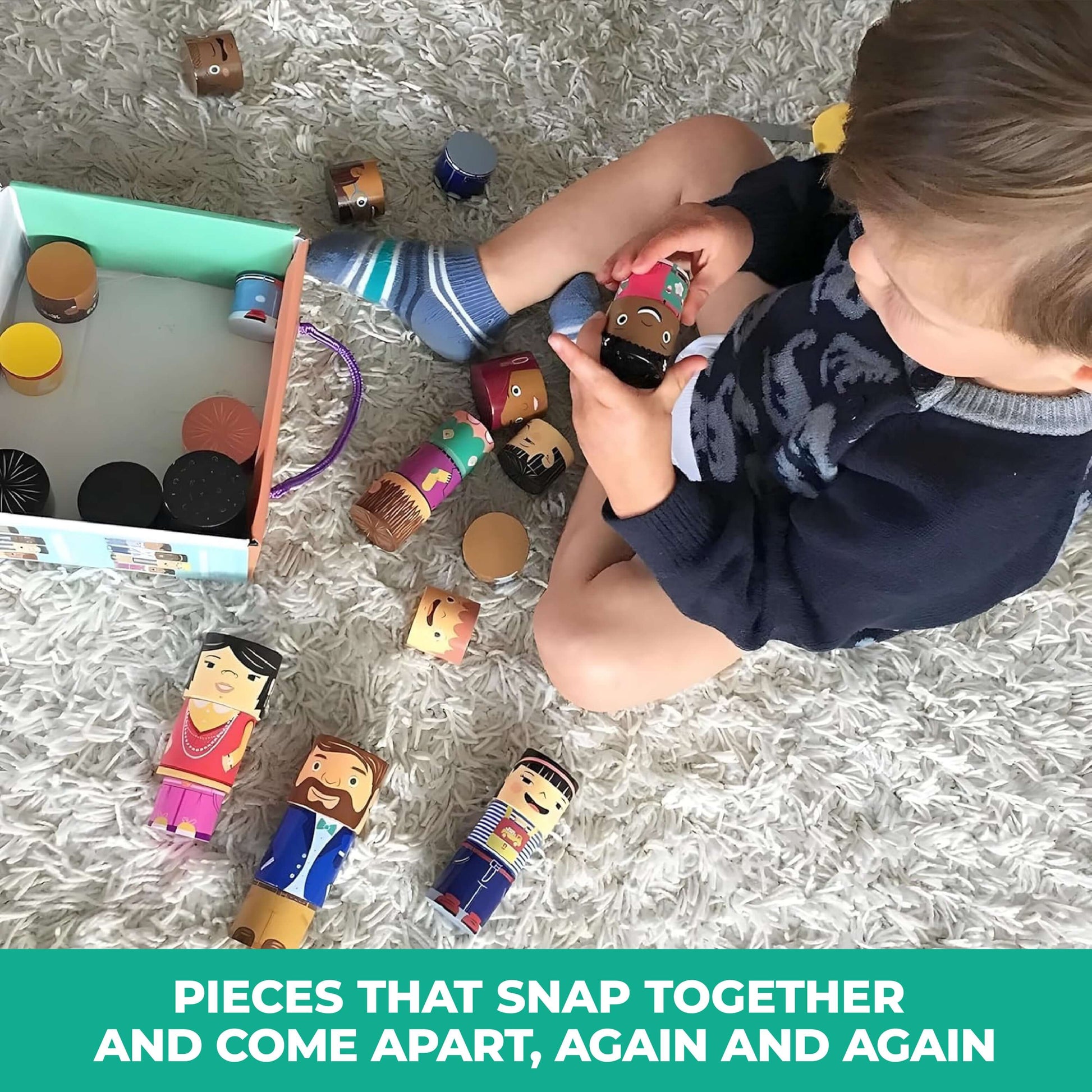 Child playing with magnetic wooden family figures from the 32-Piece Family Set, mix-and-match pieces that snap together and come apart