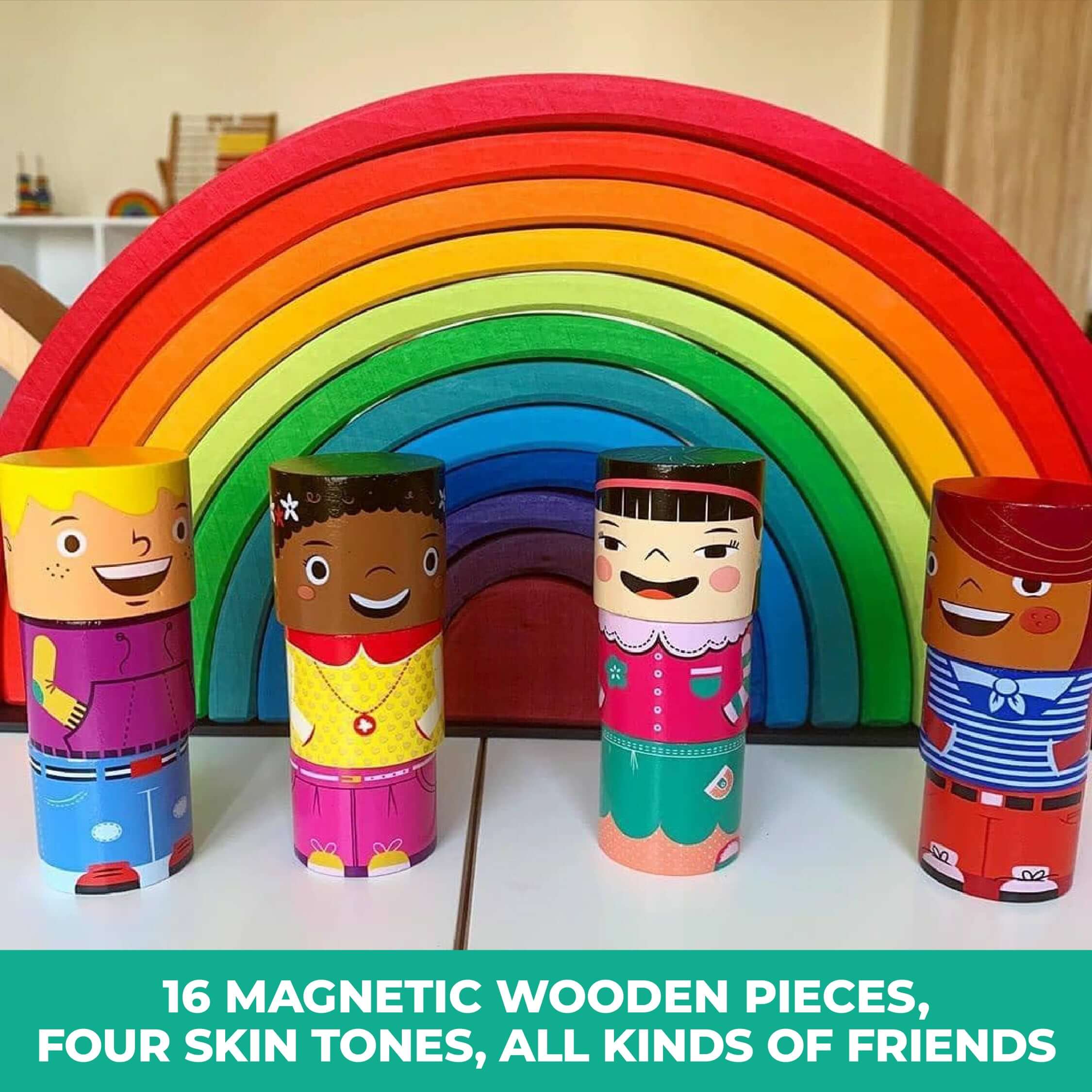 16-Piece Magnetic Wooden Figures, Friends Set for Toddlers