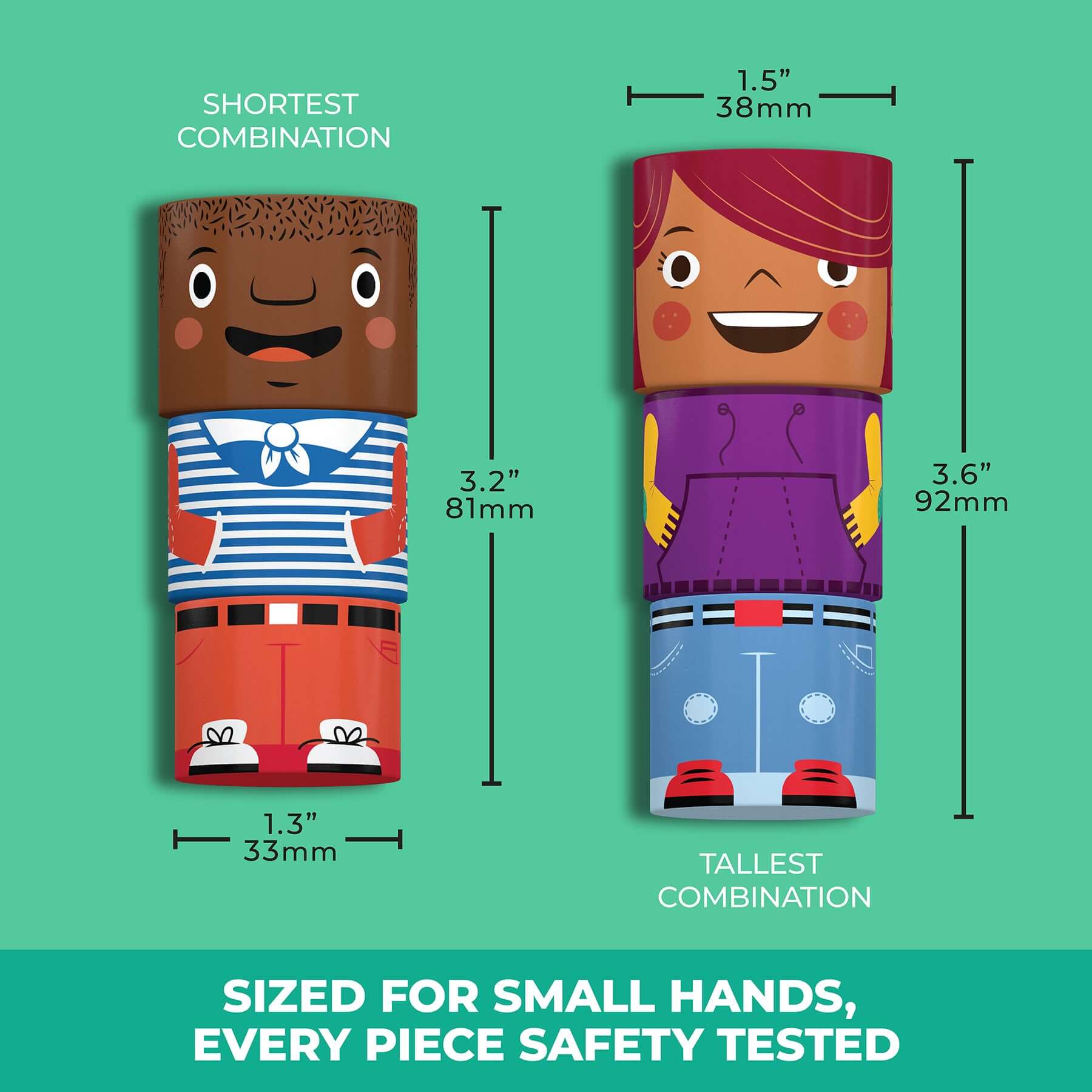 16-Piece Friends Play Set dimensions showing character combinations, sized for small hands, safety tested