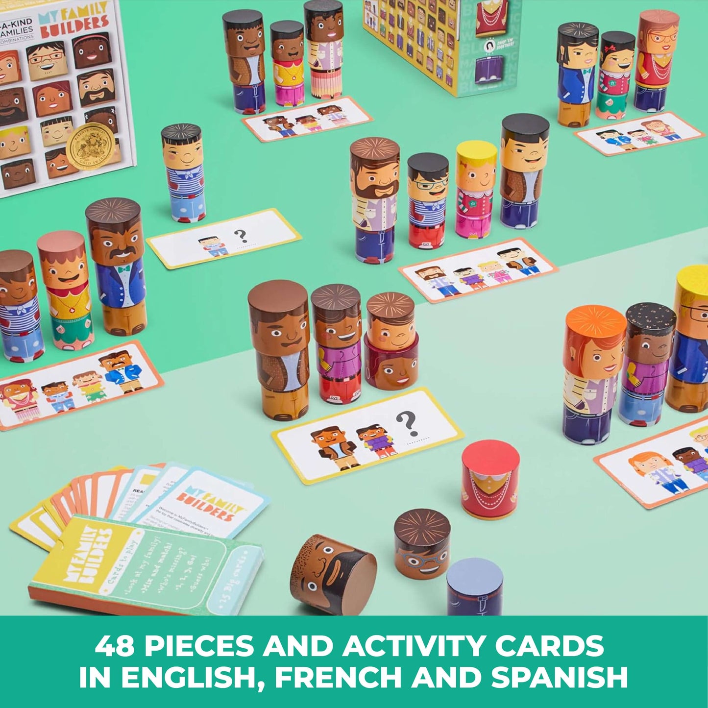48-Piece Family Play Set with diverse magnetic wooden family figures and Activity Cards in English, French and Spanish