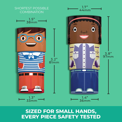 Magnetic wooden figure size chart for the 48-Piece Family Play Set, showing adult and child heights from 33mm to 97mm, safety tested