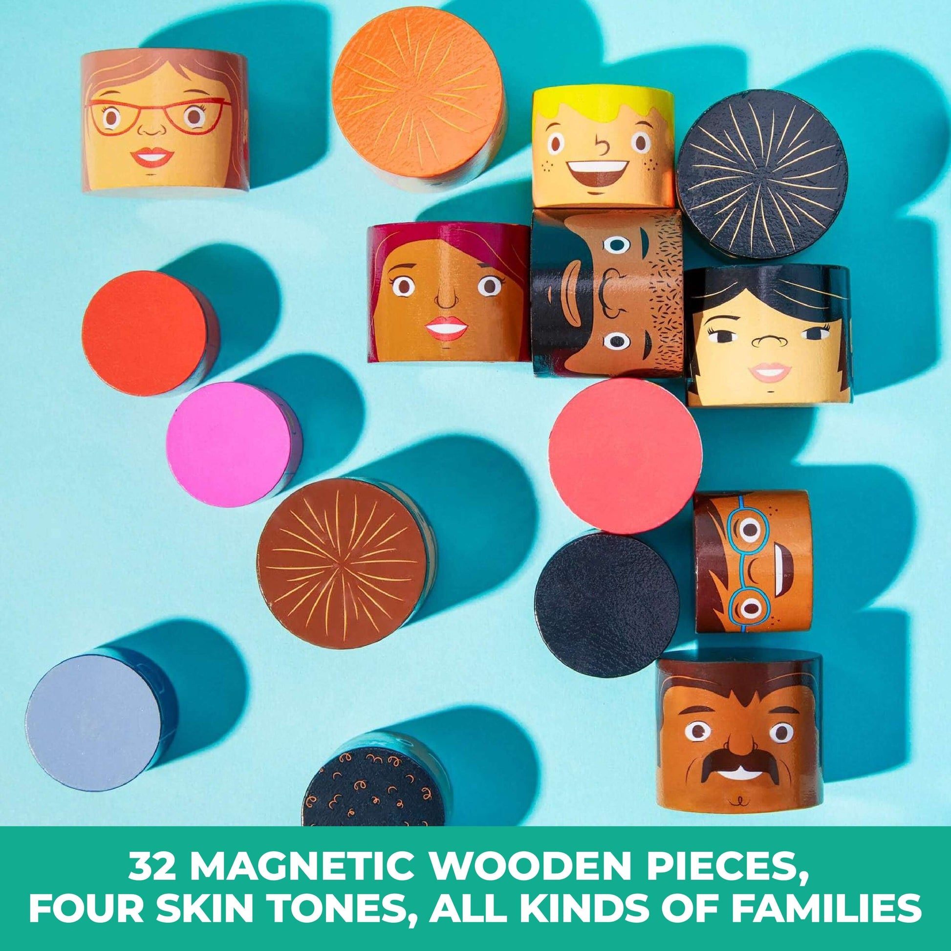 32 magnetic wooden pieces in four skin tones from the 32-Piece Family Set, scattered components for diverse family mix-and-match play