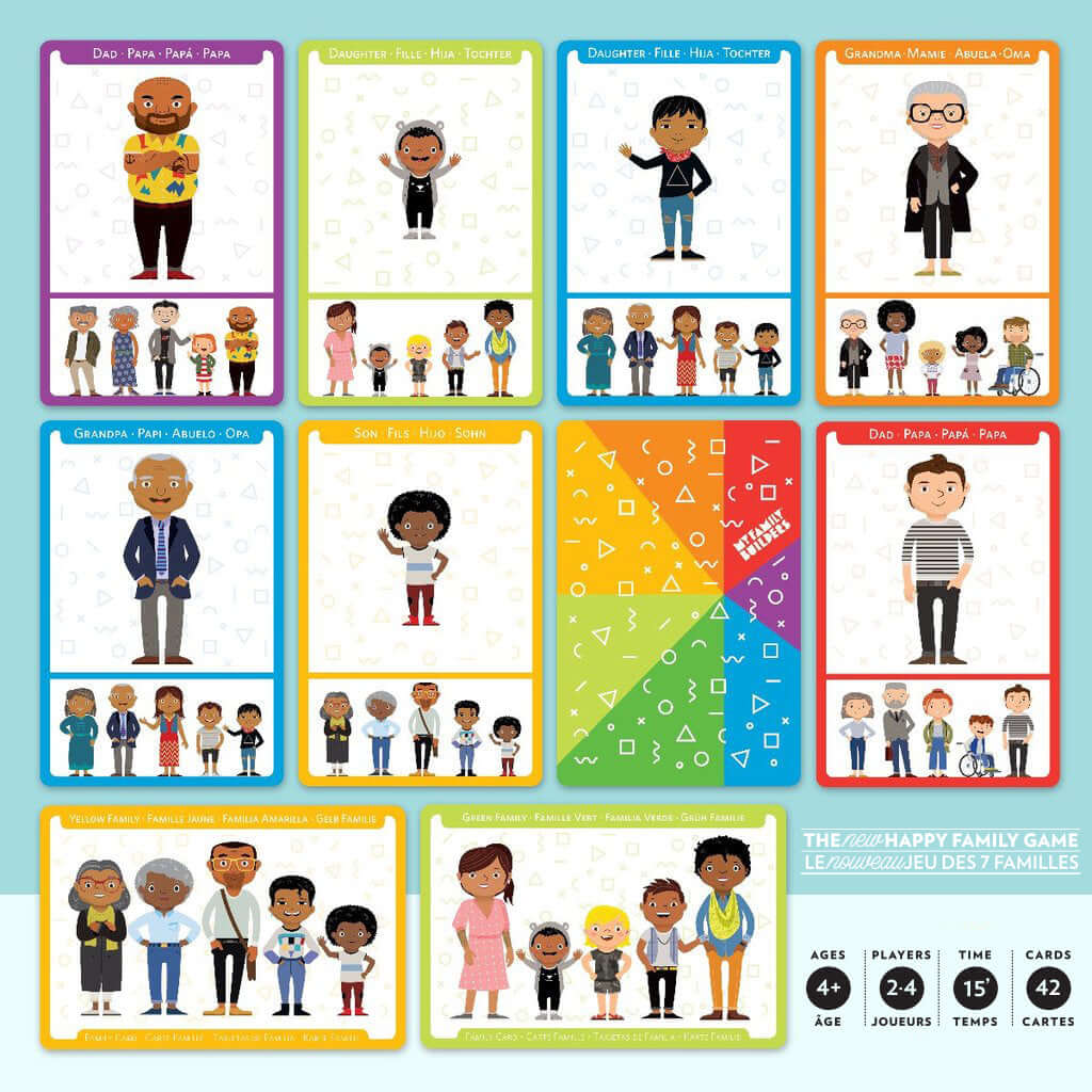 Illustrated character cards from the Happy Family Card Game, showcasing diverse families and representation in play.