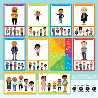 Illustrated character cards from the Happy Family Card Game, showcasing diverse families and representation in play.