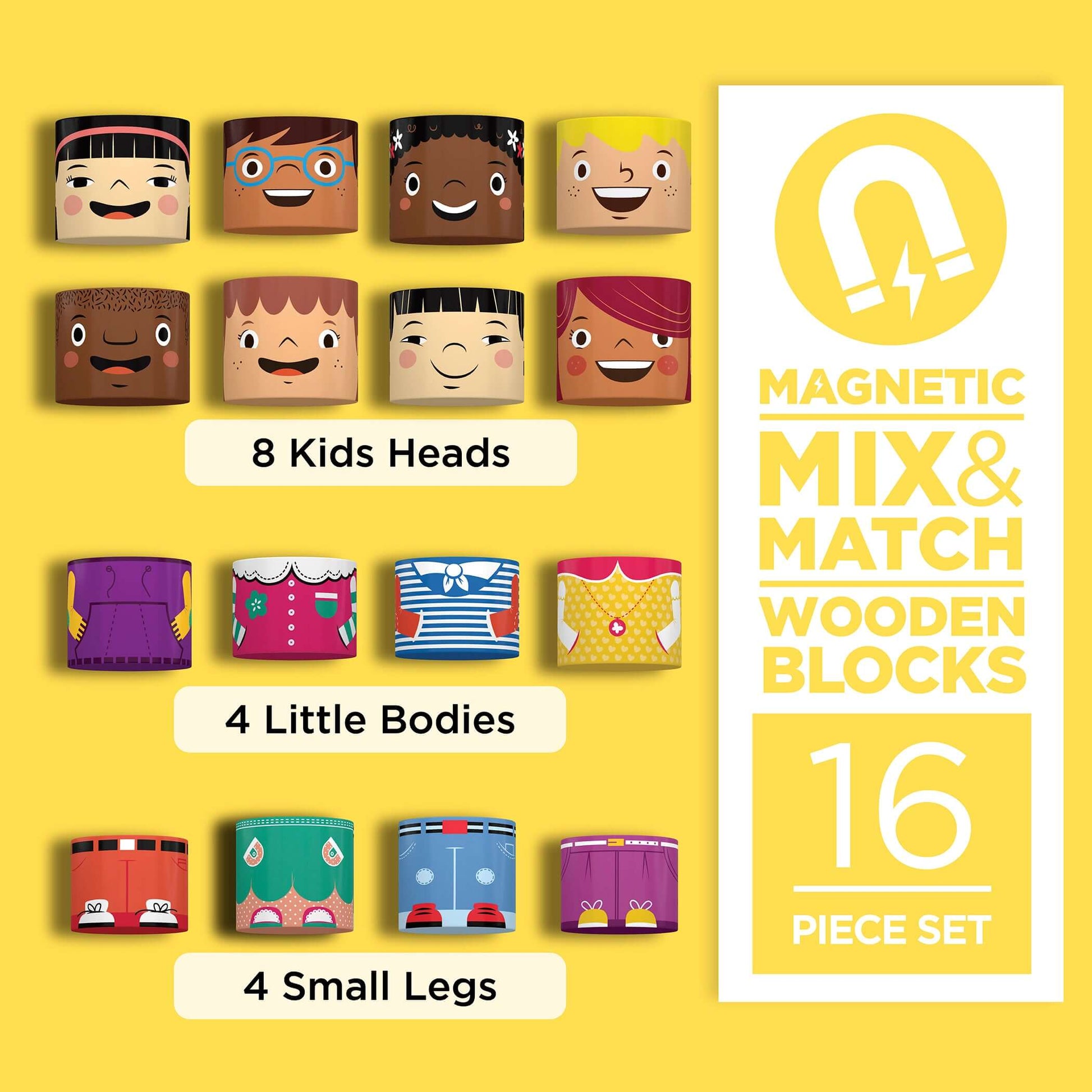 Close-up of magnetic wooden blocks showing diverse character 