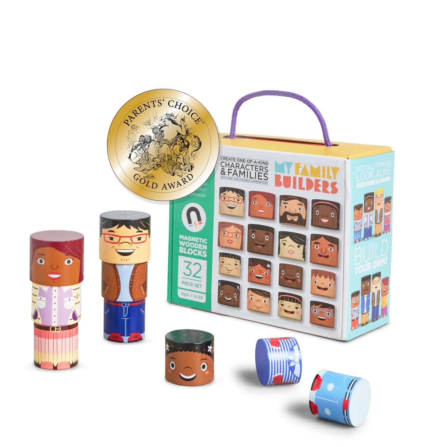 32-Piece magnetic wooden Family Play Set with diverse figures in four skin tones, Parents Choice Gold Award winner