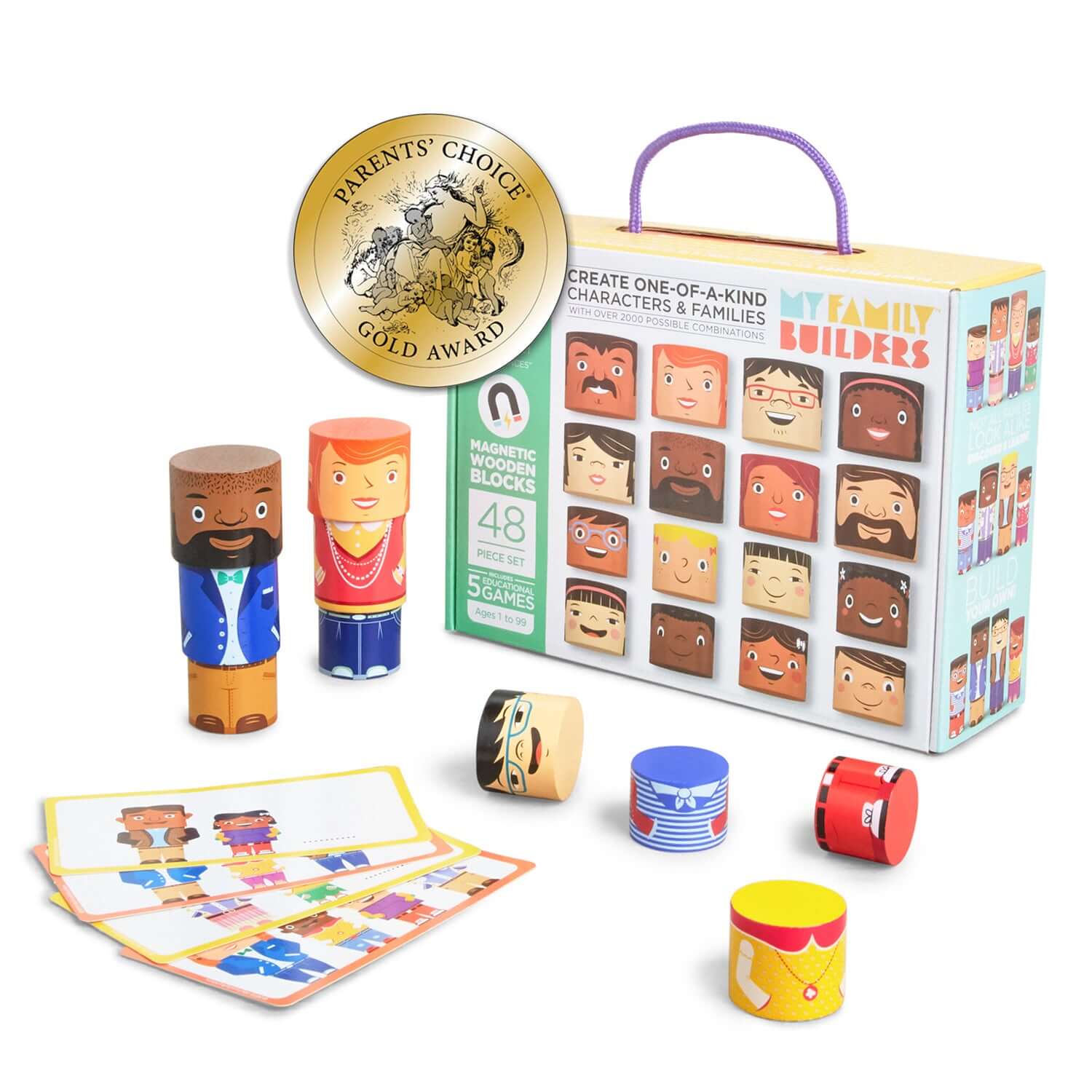 48-piece magnetic wooden family diversity set with Activity Cards in English, French and Spanish, Parents Choice Gold Award winner