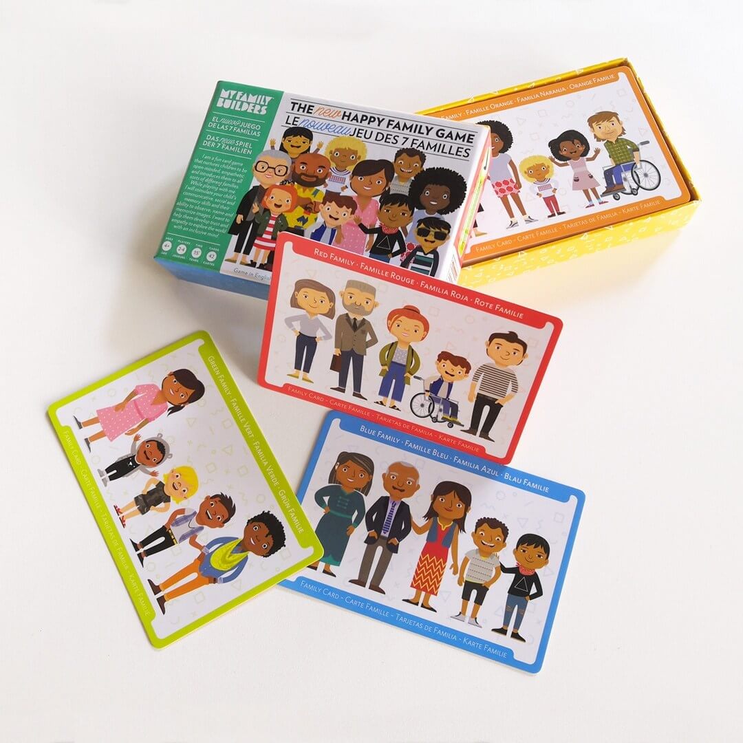 Happy Family Card Game box with illustrated character cards spread out, showcasing diverse family representations in an educational card game