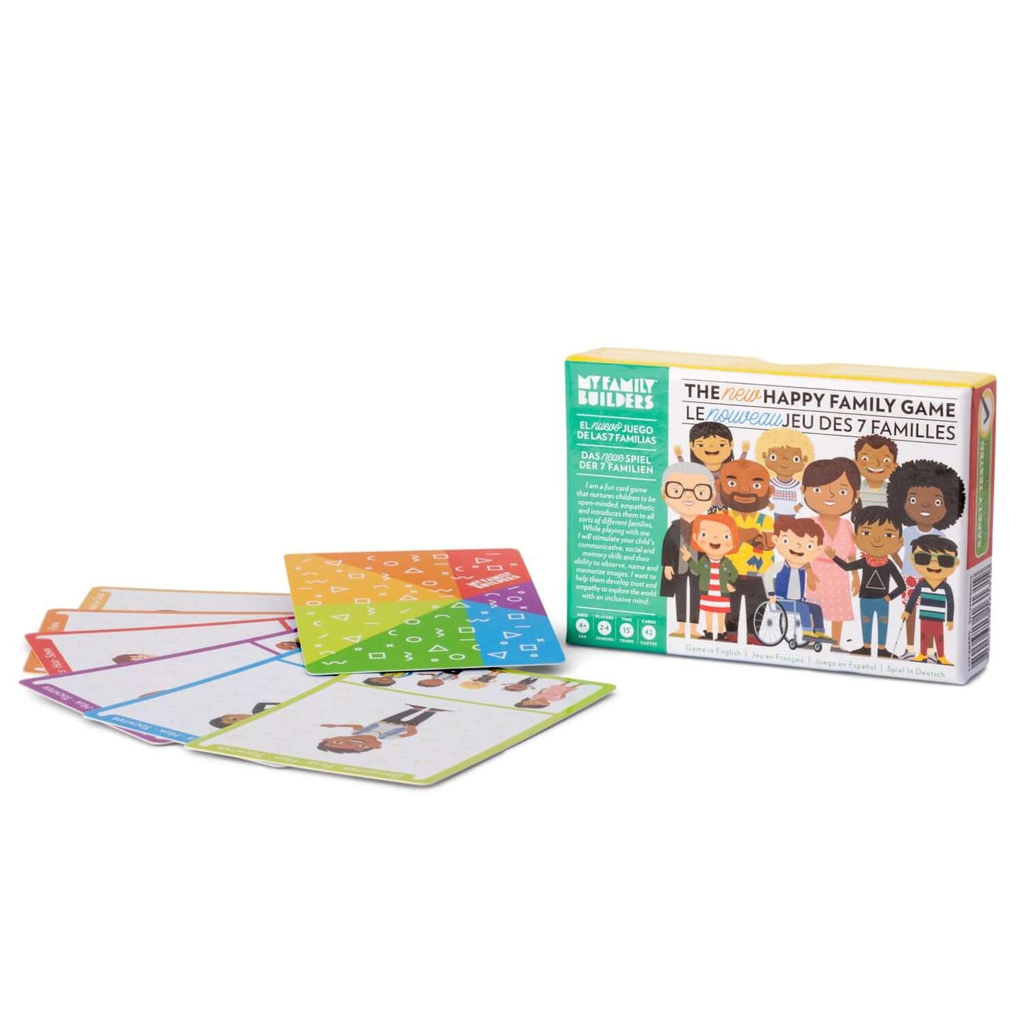 Happy Family Card Game box and colorful character cards, designed for inclusive and educational play.