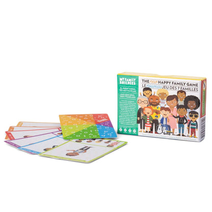 Happy Family Card Game box and colorful character cards, designed for inclusive and educational play.