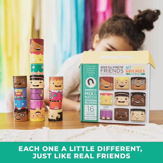 Kids playing with My Family Builders’ diverse magnetic toy set for creative storytelling