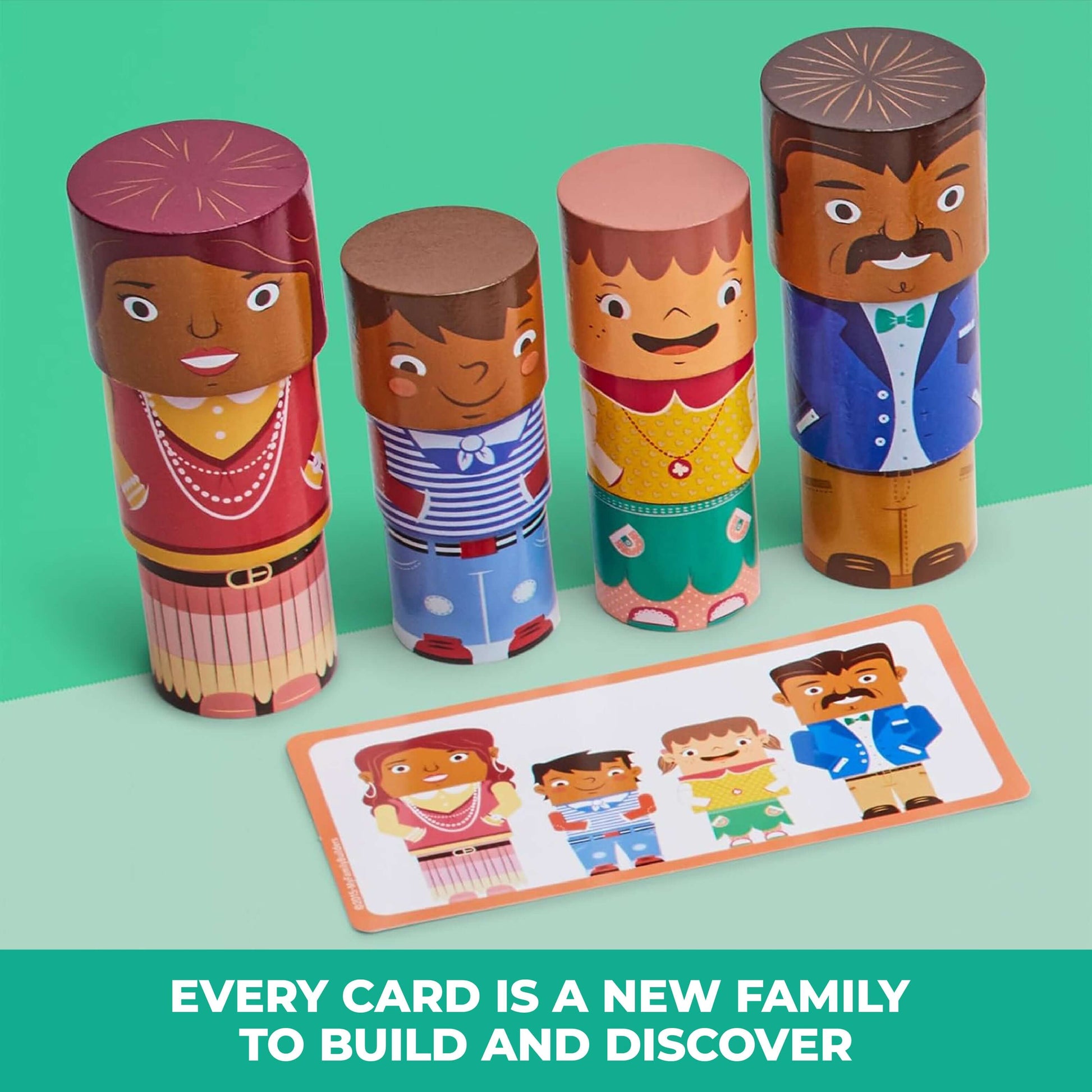 Diverse magnetic wooden family figures including adults and children on green background, with activity card from the 48-Piece Family Play Set