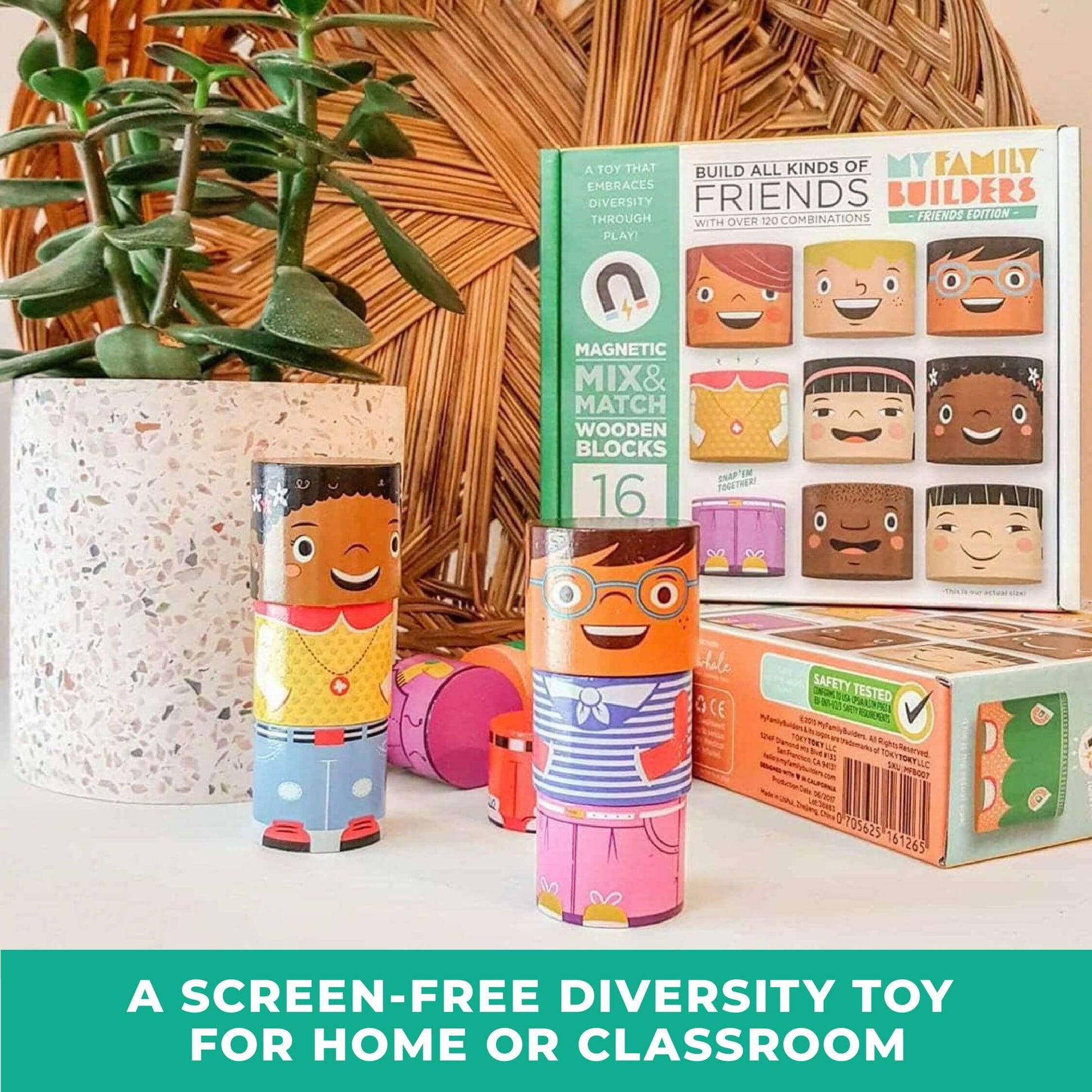 Screen-free diversity toy packaging with wooden blocks and plant on a neutral background