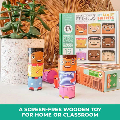 16-Piece Friends magnetic wooden toy set displayed with packaging, screen-free educational toy for home or classroom