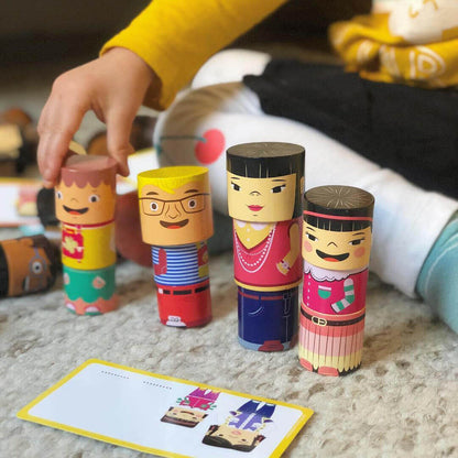 Close-up of magnetic wooden blocks showcasing diverse family characters